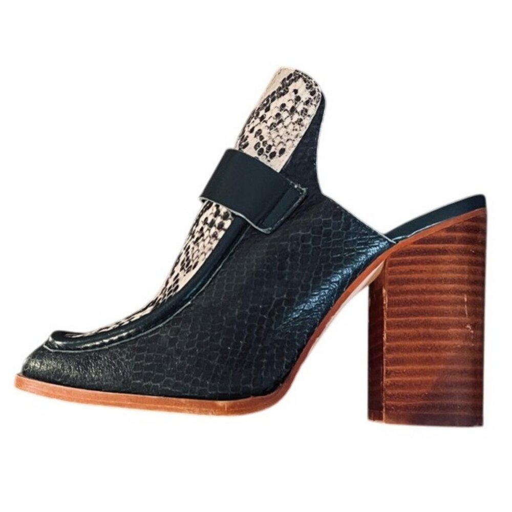 Zara Dark Green Leather & Snake-Print Block Heel Mules - Picture 6 of 11